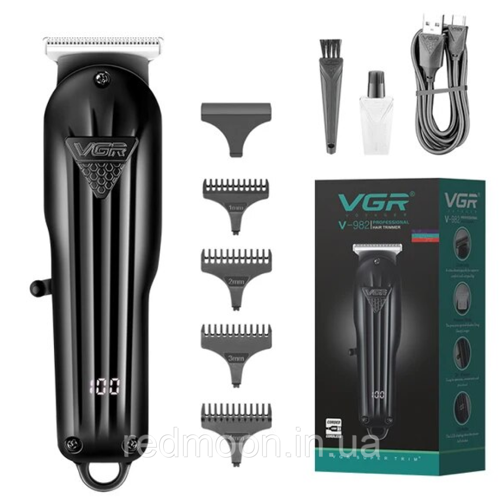 Машинка для стрижки волосся VGR V-982, з 4 насадками / Бездротовий акумуляторний триммер для бороди, фото 1