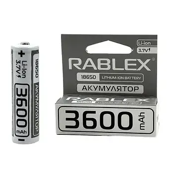 Акумулятор Rablex 18650 Li-ion 3600mAh 3.7В, Tip Top, сірий корпус, без захисту