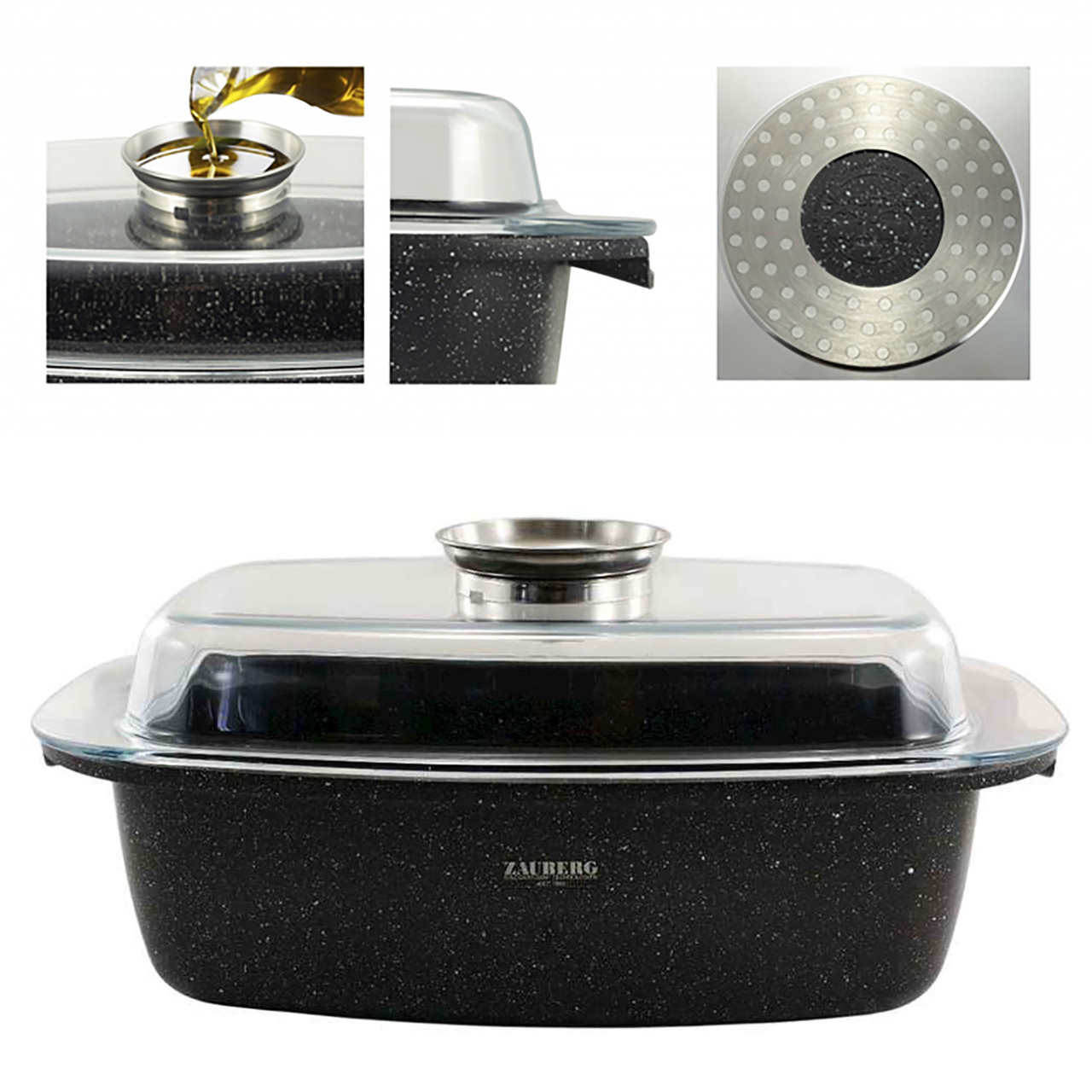 Гусятниця індукційна Zauberg 5.5 л з кришкою з жароміцного скла та аромаручкою з мармуровим покриттям