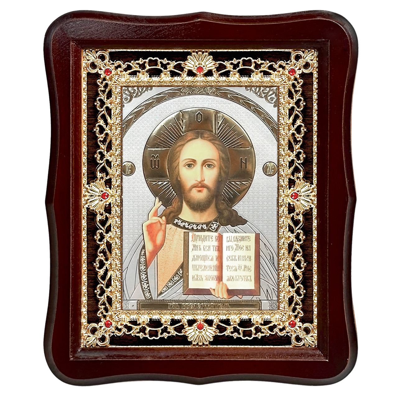 Ікона Господа Вседержителя, лик 15х18 см, у темному дерев'яному кіоті з камінням, фото 1