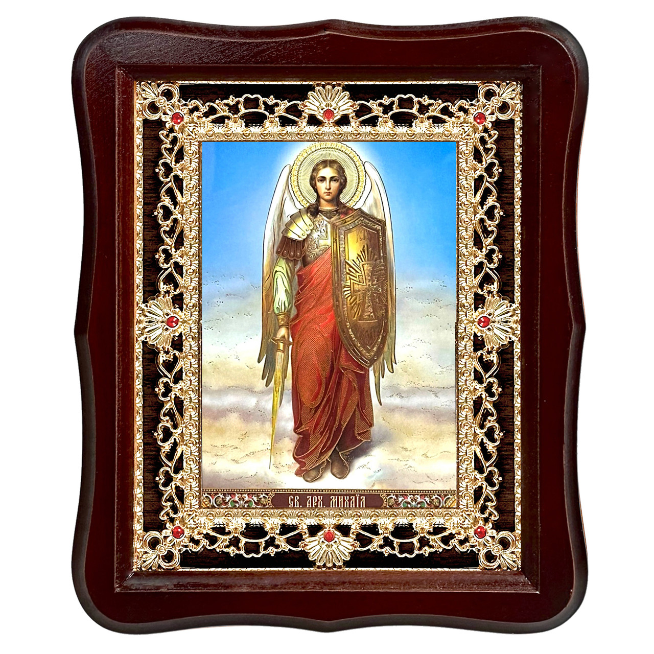 Ікона Михайло архістратиг, лик 15х18 см, у темному дерев'яному кіоті з камінням, фото 1
