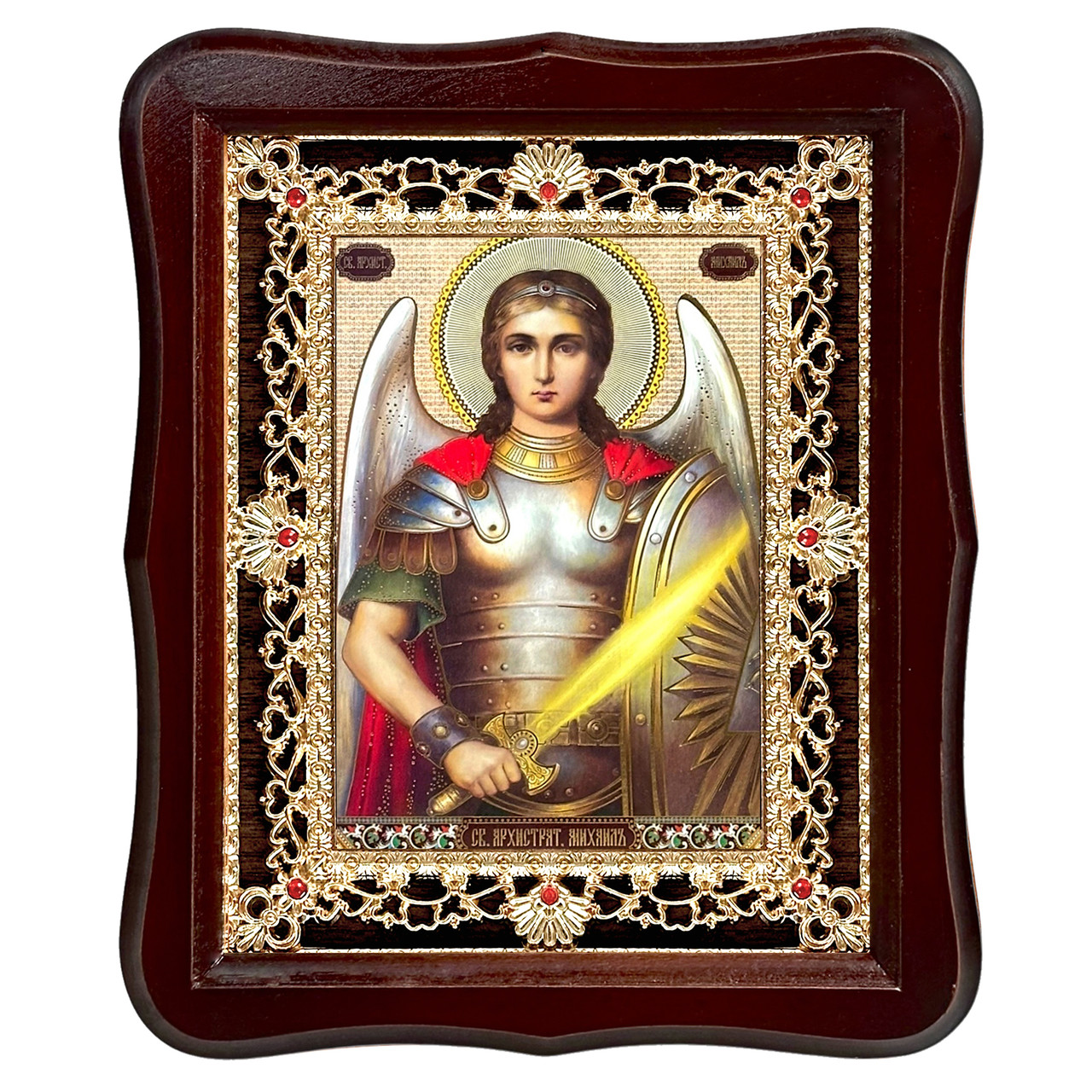 Ікона Михайло архістратиг, лик 15х18 см, у темному дерев'яному кіоті з камінням, фото 1