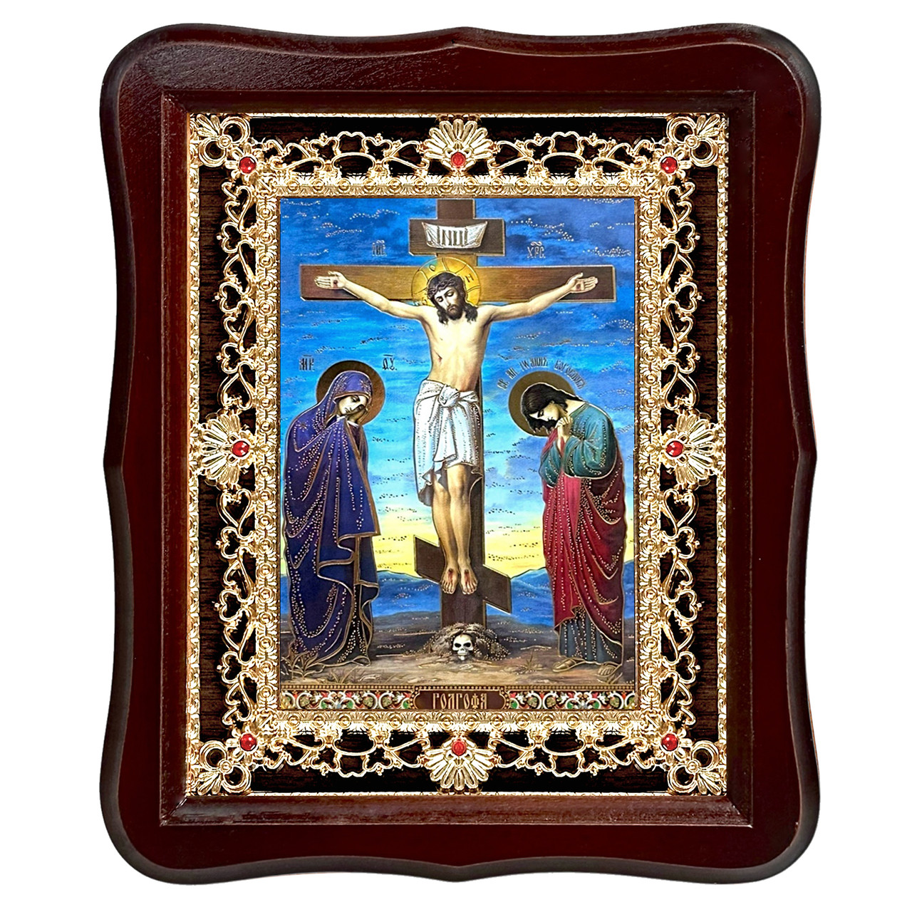 Ікона Голгофа, лик 15х18 см, у темному дерев'яному кіоті з камінням, фото 1