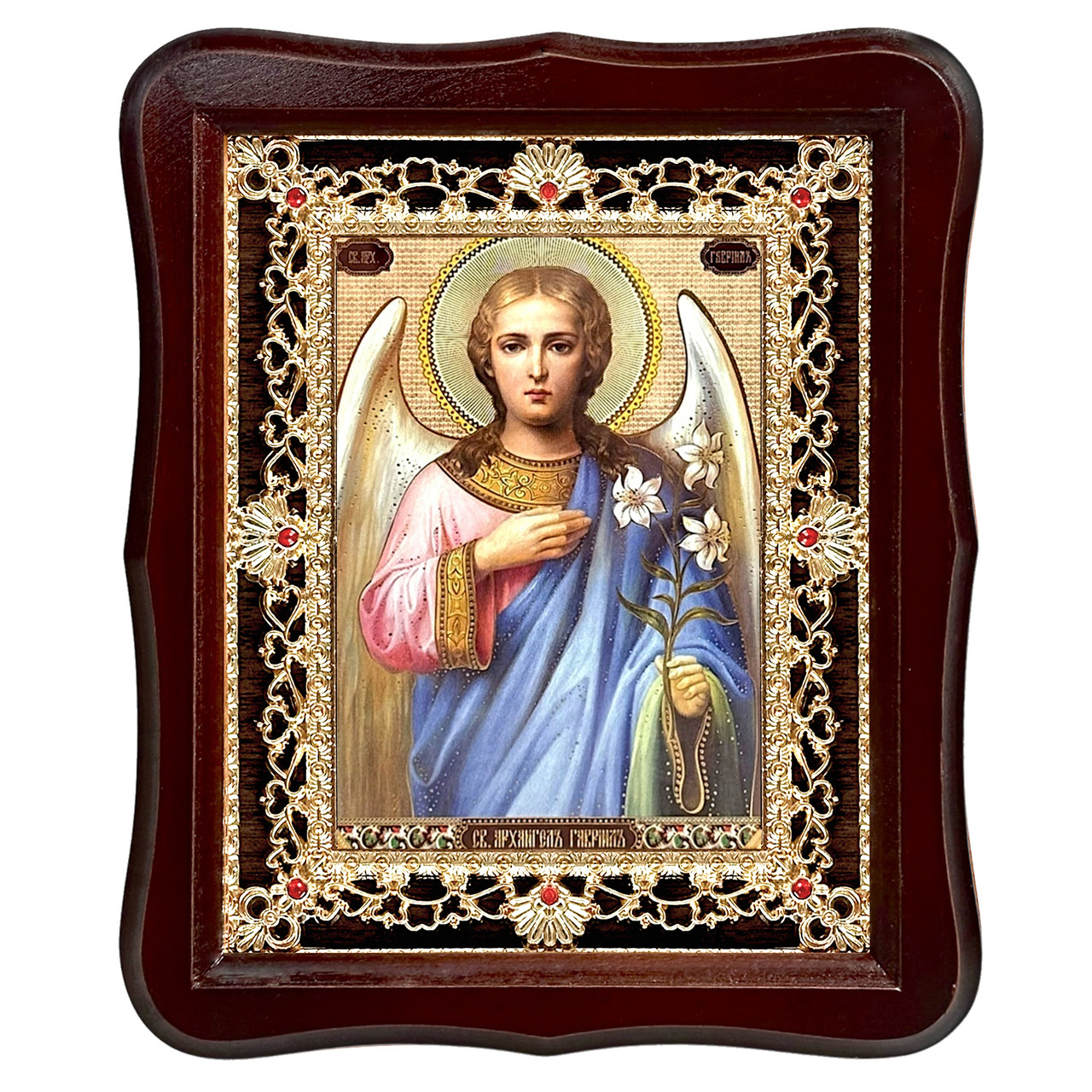 Ікона Гавриїла архангела, лик 15х18 см, у темному дерев'яному кіоті з камінням, фото 1