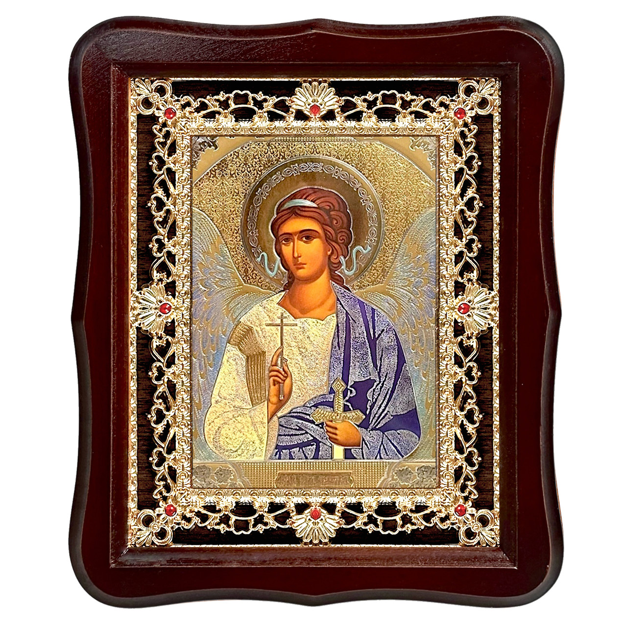 Ікона Ангел Охоронець, лик 15х18 см, у темному дерев'яному кіоті з камінням, фото 1