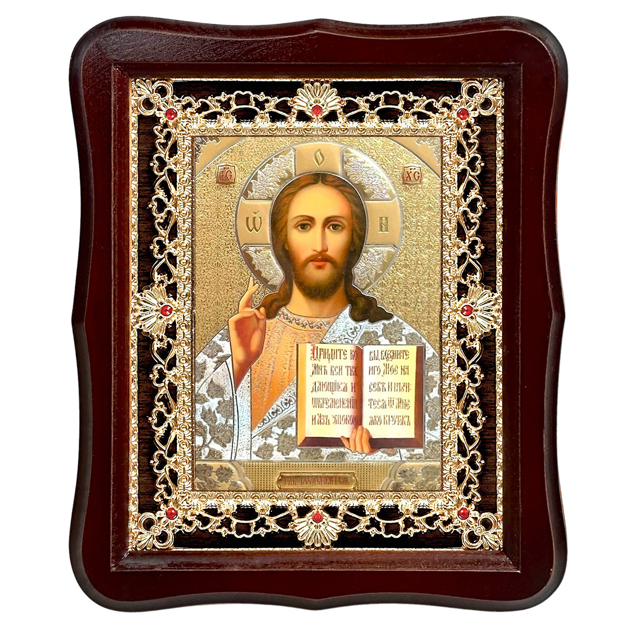Ікона Господа Вседержителя, лик 15х18 см, у темному дерев'яному кіоті з камінням, фото 1