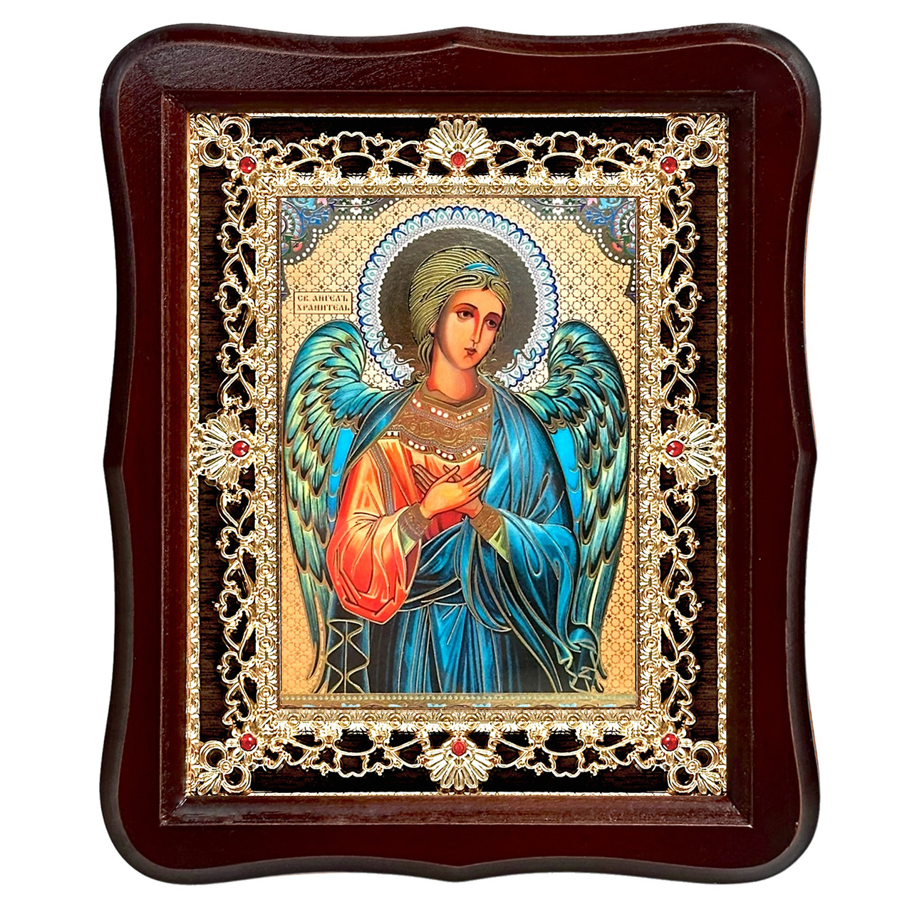 Ікона Ангел Охоронець, лик 15х18 см, у темному дерев'яному кіоті з камінням, фото 1