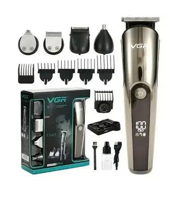 Машинка для стрижки волосся і бороди VGR V-107 — 11 в 1, з LED-дисплеєм, 3 леза, USB, повна комплектація