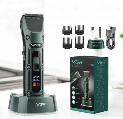 Машинка для стрижки VGR V-696 — професійна, з LED-дисплеєм, акумуляторна, 5 насадок, база і мастило в комплекті