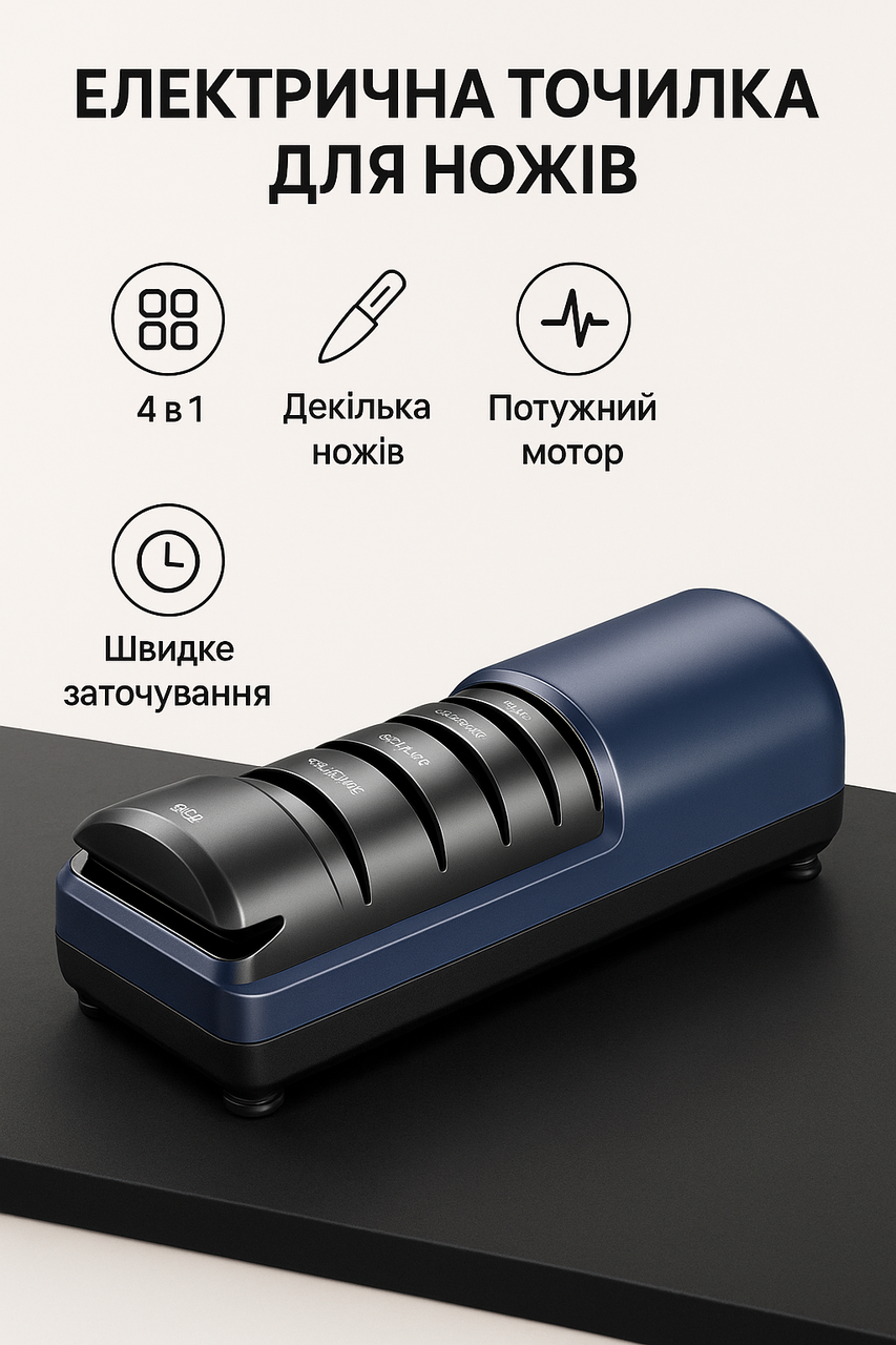 Електрична точилка для ножів S825 — 3-ступенева, 5500 об/хв, 60 Вт, заточування під 15°–20°, для всіх типів ножів, фото 1