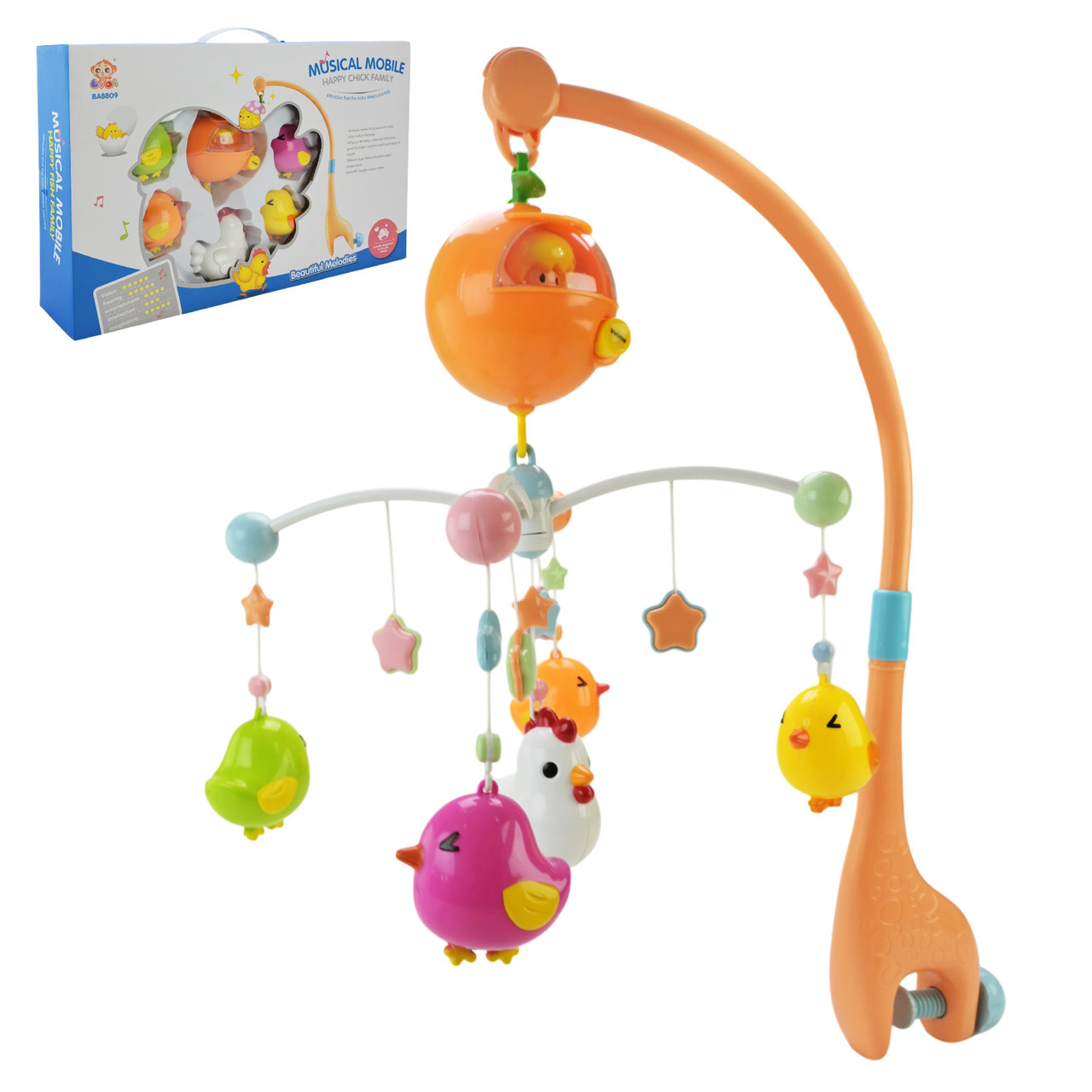 Мобіль на ліжечко 8809, на батарейці, 4 знімні звірятка, фото 1