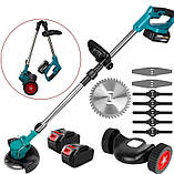 Акумуляторний тример-газонокосарка 48В на коліщатках, з насадками та 2 АКБ, фото 2