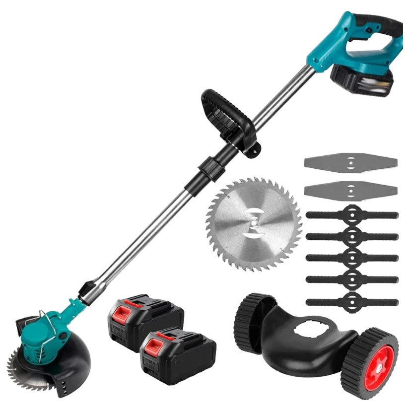 Акумуляторний тример-газонокосарка 48В на коліщатках, з насадками та 2 АКБ, фото 1