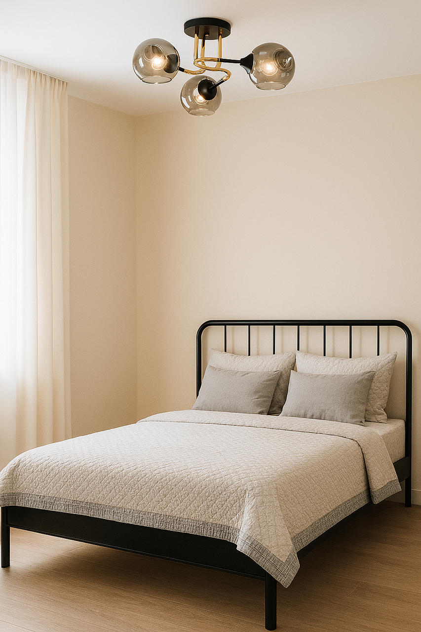 Стельова люстра з трьома круглими плафонами зі скла на чорно-золотому каркасі, фото 1