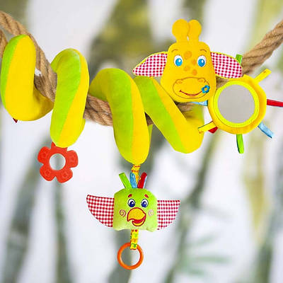 Підвісна іграшкова розтяжка спіраль Жирафик для ліжечка і коляски дитині 3в1 Брязкальце пищалка 3 підвіски