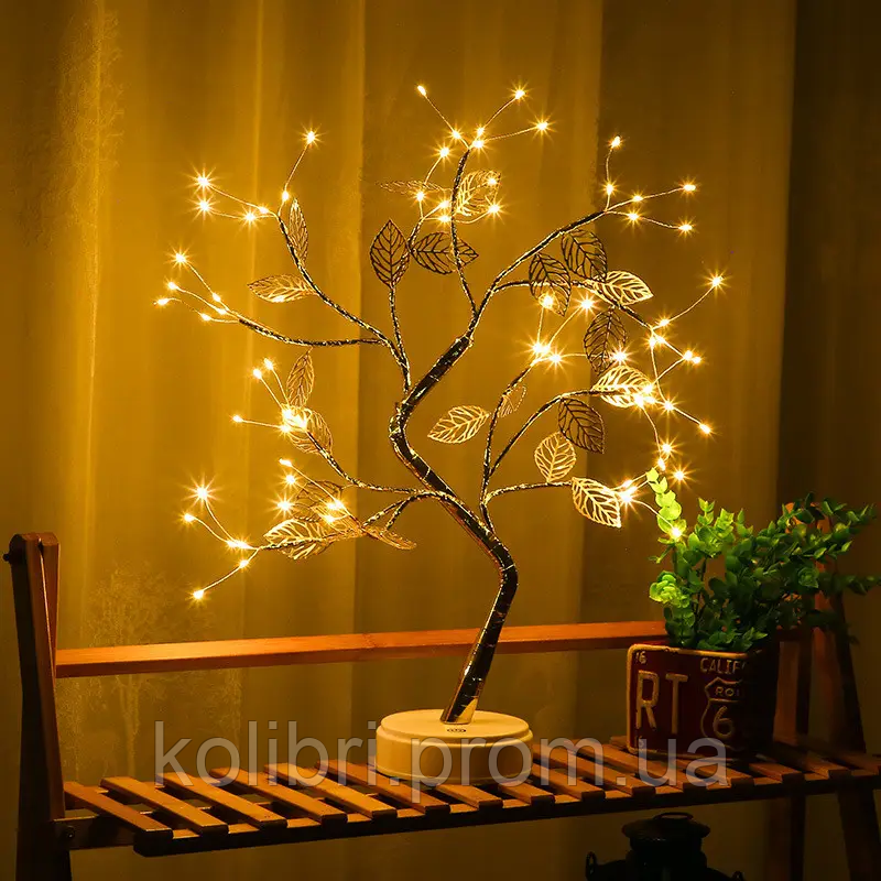 Лампа Led настільна Дерево сріблясте з листям Usb батарейки тепле світло kolibri - фото 1 - id-p2683725991