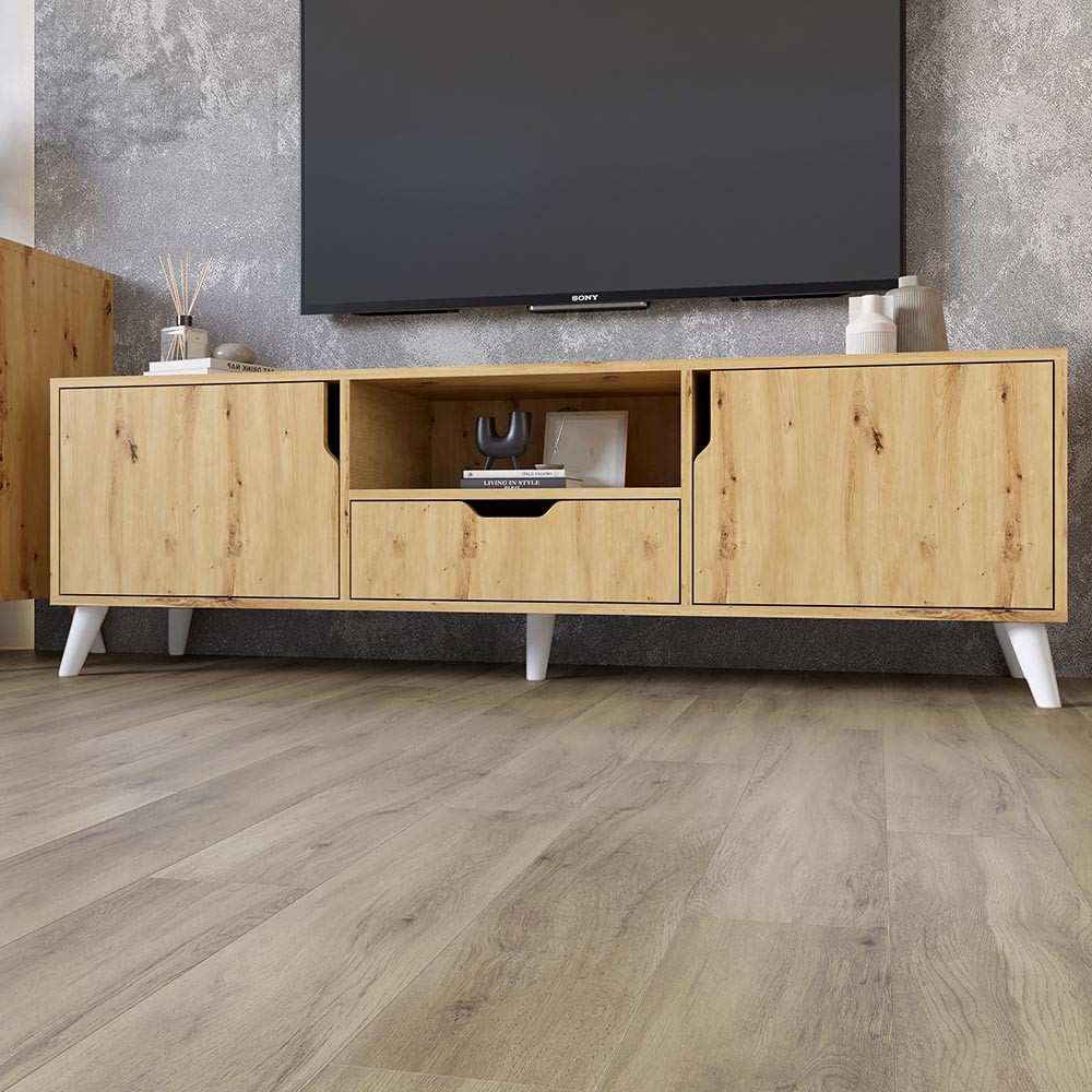 Тумба під телевізор з білими ніжками М-ЗОН Борн 1600 Дуб Артизан (MZN-031082), фото 1