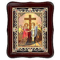 Ікона Воздвиження хреста Господнього, лик 15х18 см, у темному дерев'яному кіоті з камінням