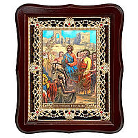 Ікона Вхід Господа до Єрусалиму, лик 15х18 см, у темному дерев'яному кіоті з камінням