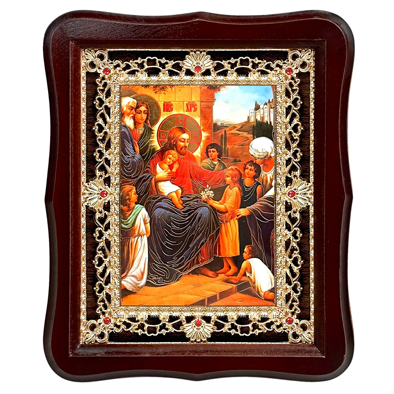 Ікона Благословення дітей, лик 15х18 см, у темному дерев'яному кіоті з камінням, фото 1