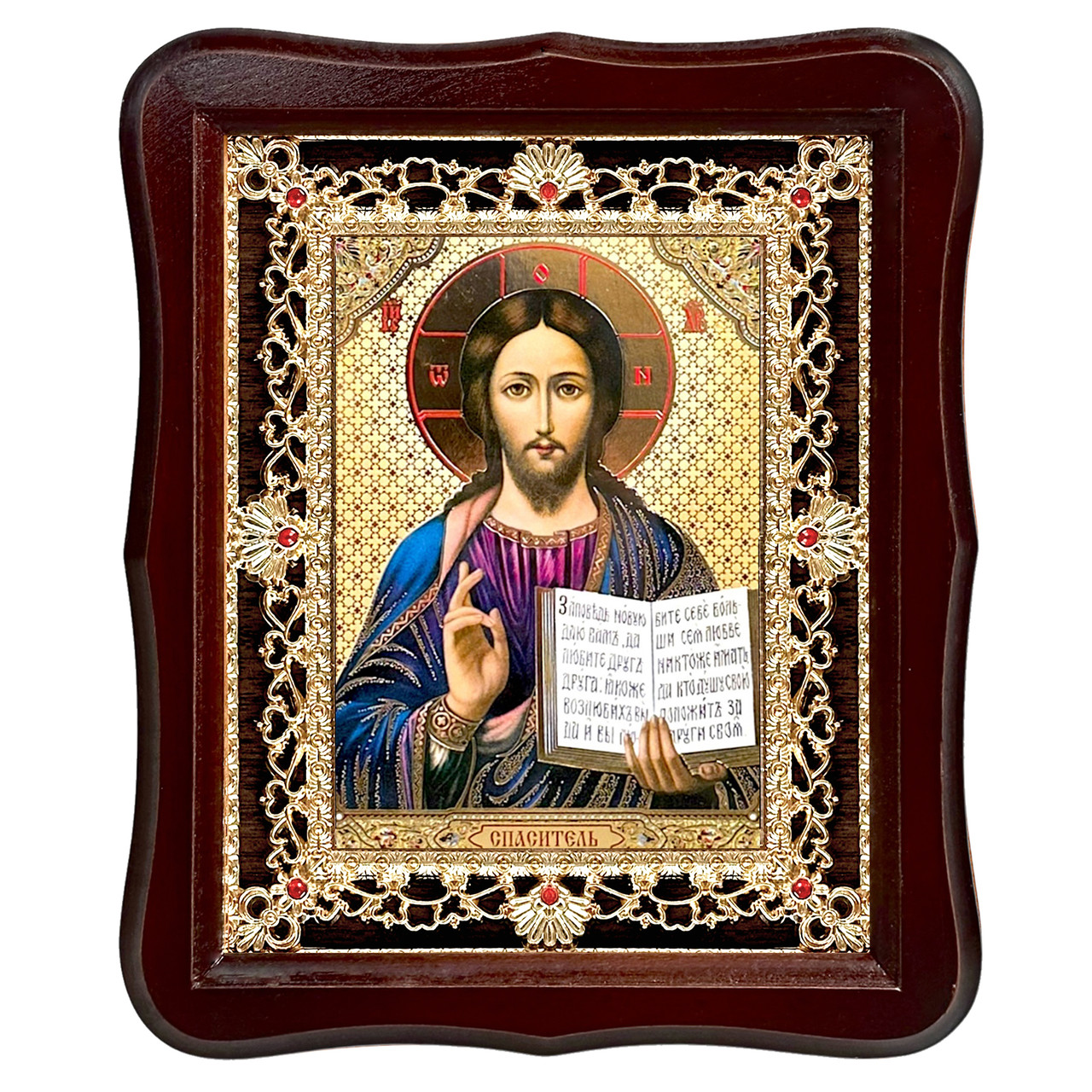 Ікона Спаситель Ісус Христос, лик 15х18 см, у темному дерев'яному кіоті з камінням, фото 1