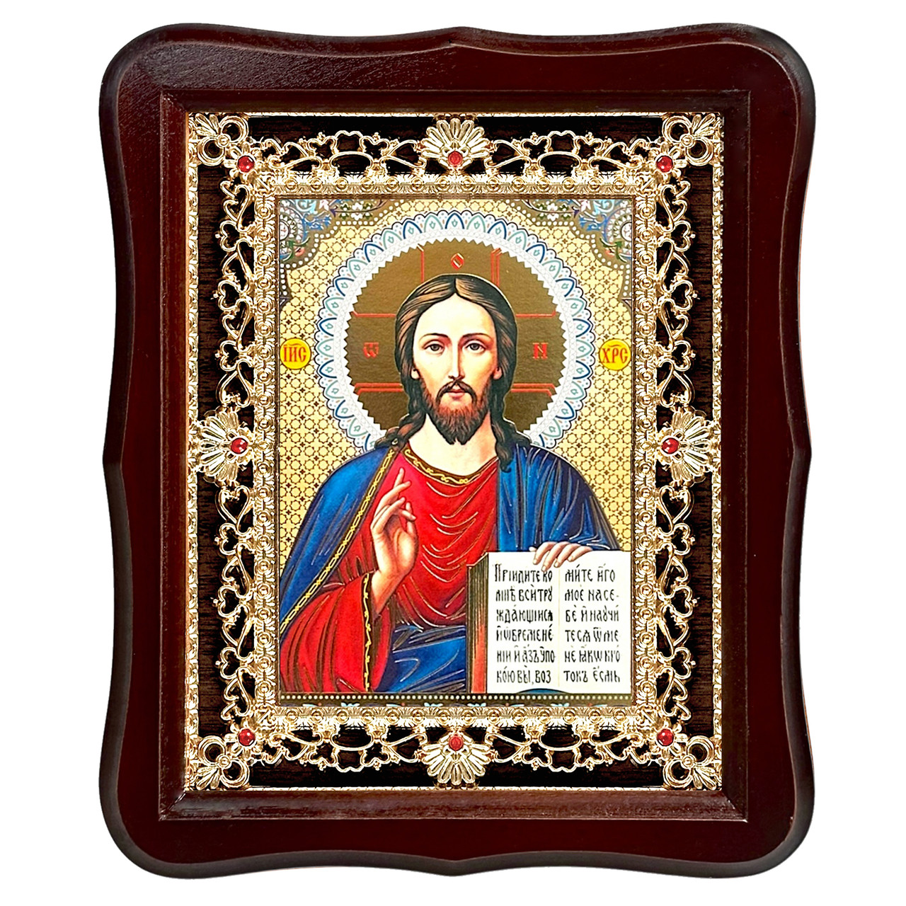 Ікона Спаситель Ісус Христос, лик 15х18 см, у темному дерев'яному кіоті з камінням, фото 1