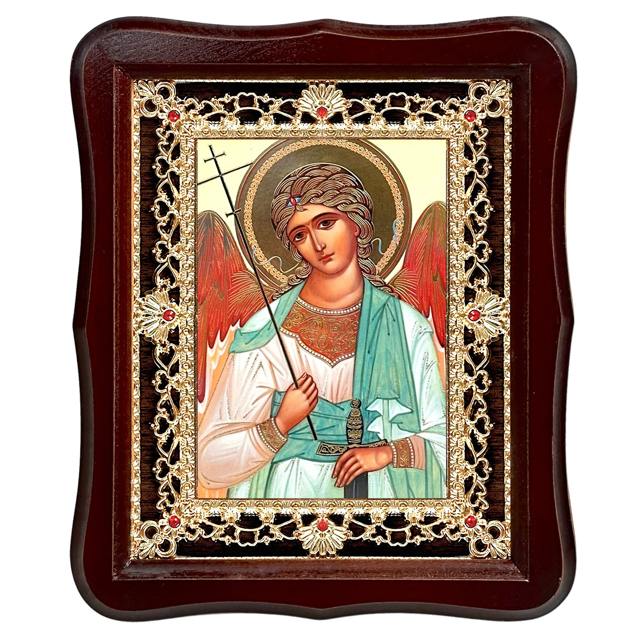 Ікона Ангел Охоронець, лик 15х18 см, у темному дерев'яному кіоті з камінням, фото 1