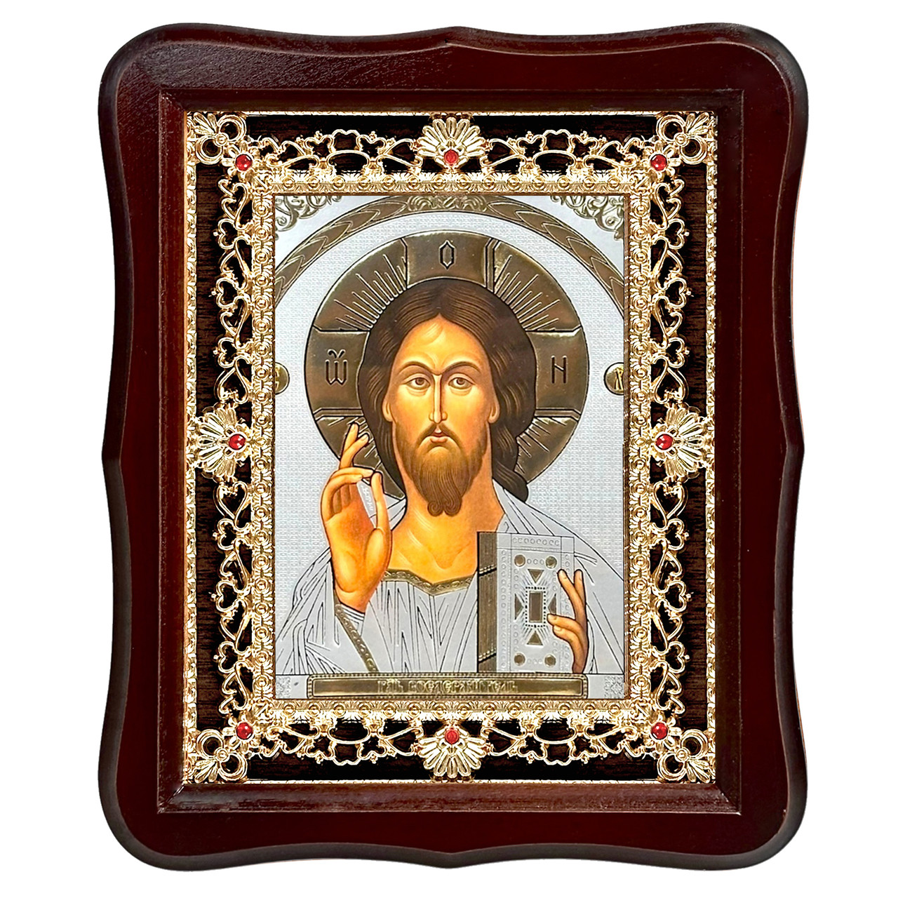 Ікона Господа Вседержителя, лик 15х18 см, у темному дерев'яному кіоті з камінням, фото 1