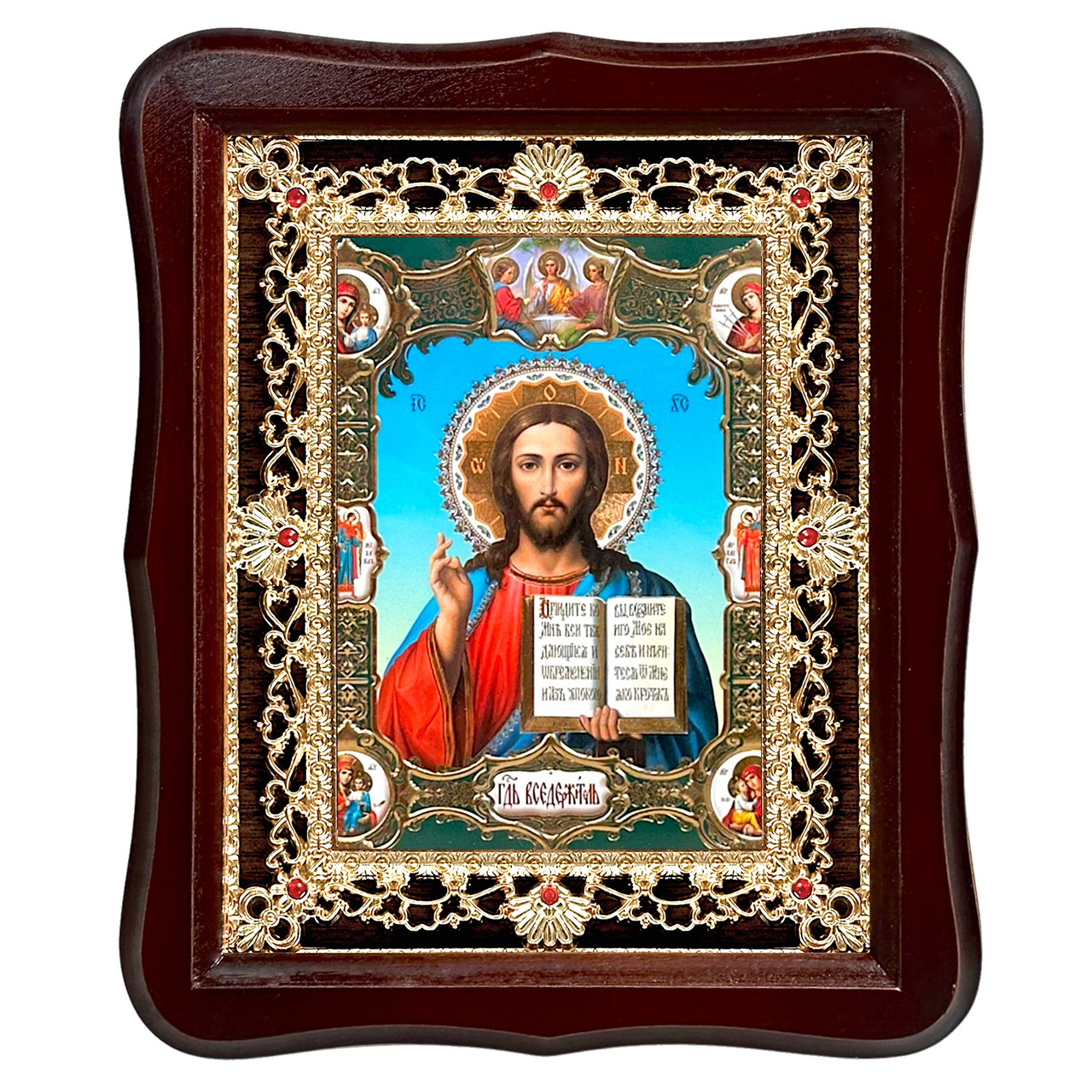 Ікона Господа Вседержителя, лик 15х18 см, у темному дерев'яному кіоті з камінням, фото 1