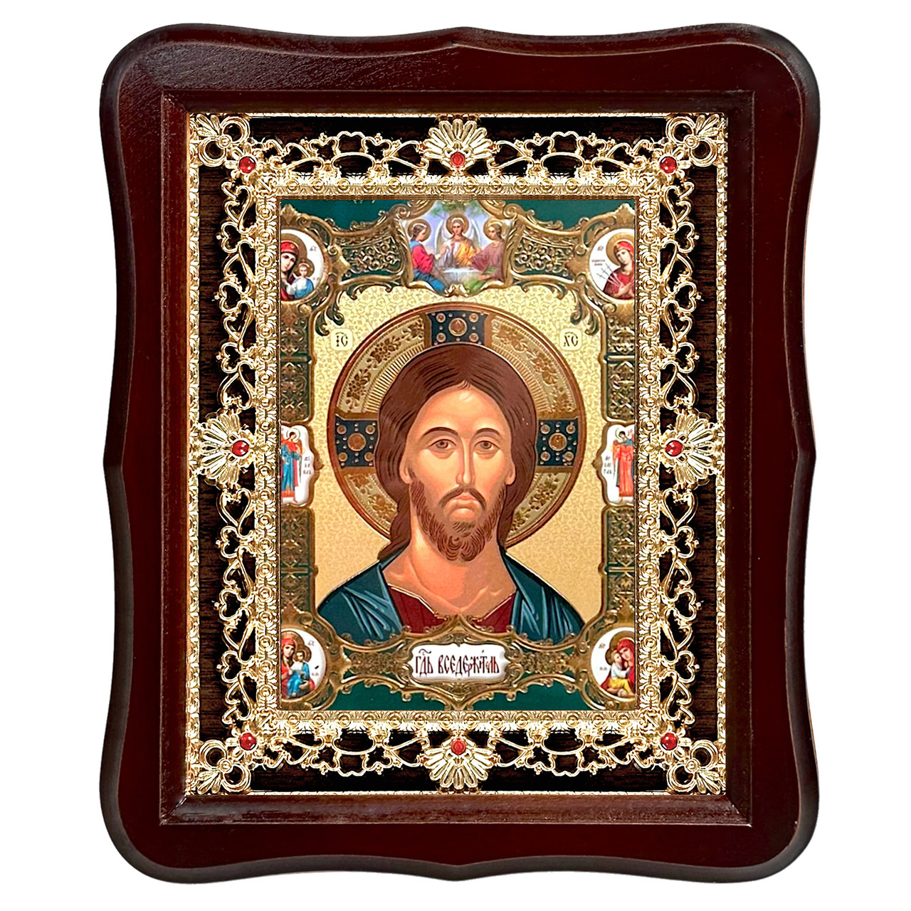 Ікона Господа Вседержителя, лик 15х18 см, у темному дерев'яному кіоті з камінням, фото 1