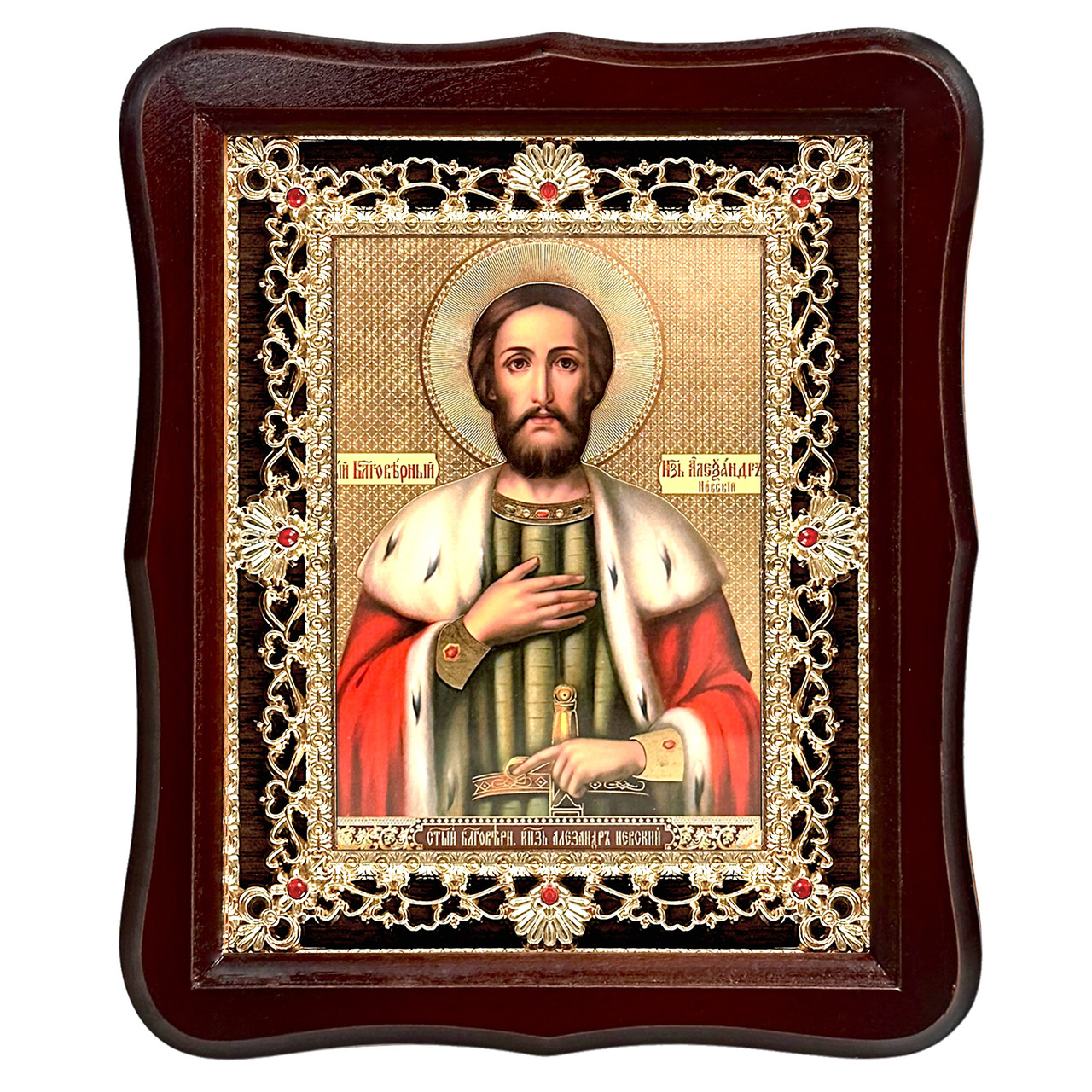 Ікона Олександр Невський святий благовірний князь, лик 15х18 см, у темному дерев'яному кіоті з камінням, фото 1