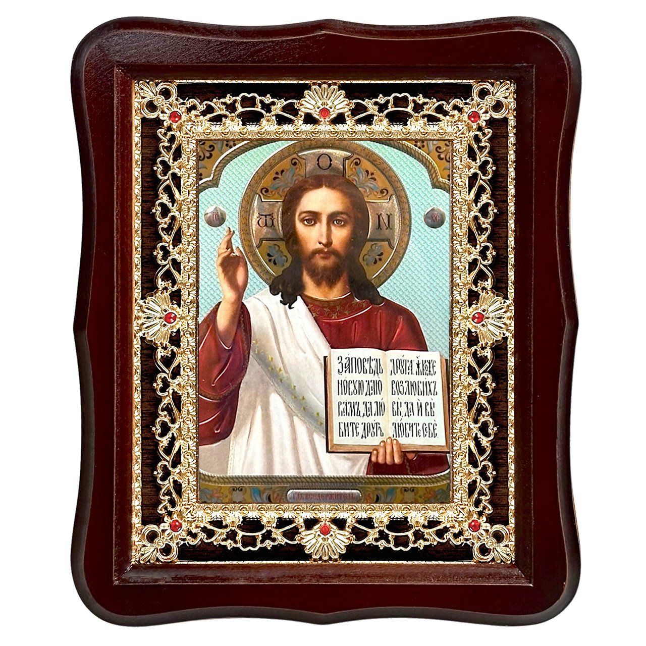 Ікона Господа Вседержителя, лик 15х18 см, у темному дерев'яному кіоті з камінням, фото 1