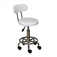 Стілець для майстра манікюру, педикюру та перукаря зі спинкою (білий, прогумовані колеса)