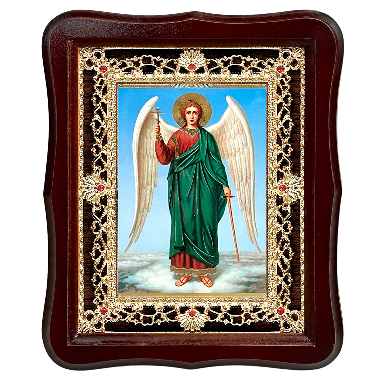Ікона Ангел Охоронець, лик 15х18 см, у темному дерев'яному кіоті з камінням, фото 1