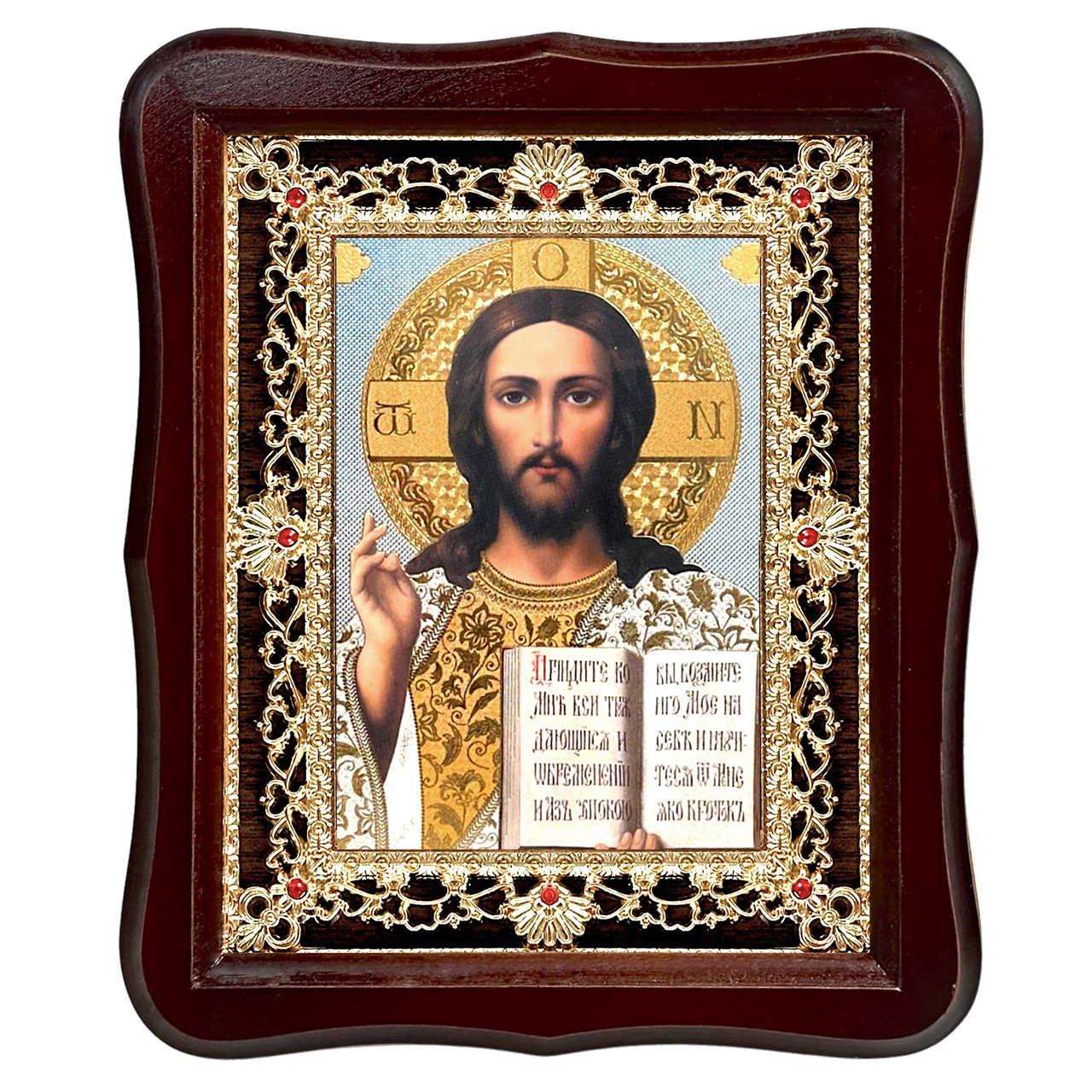 Ікона Господа Вседержителя, лик 15х18 см, у темному дерев'яному кіоті з камінням, фото 1