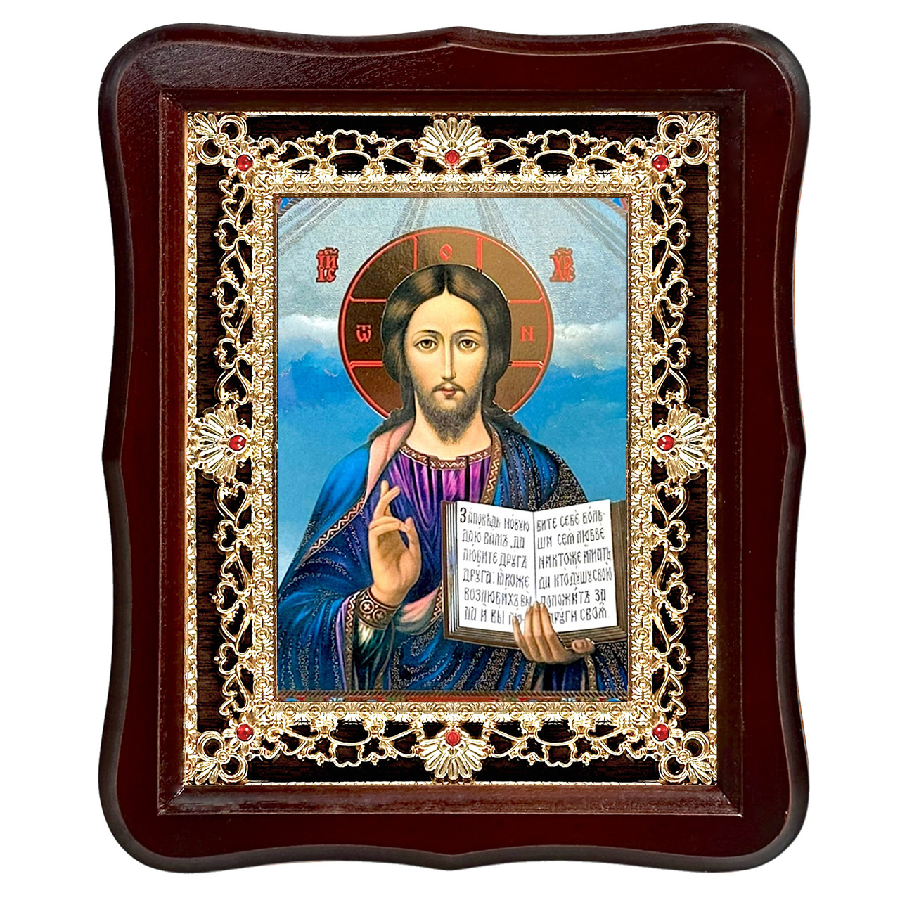 Ікона Спаситель Ісус Христос, лик 15х18 см, у темному дерев'яному кіоті з камінням, фото 1