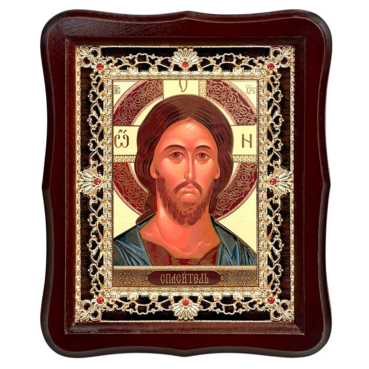 Ікона Господа Вседержителя, лик 15х18 см, у темному дерев'яному кіоті з камінням, фото 1
