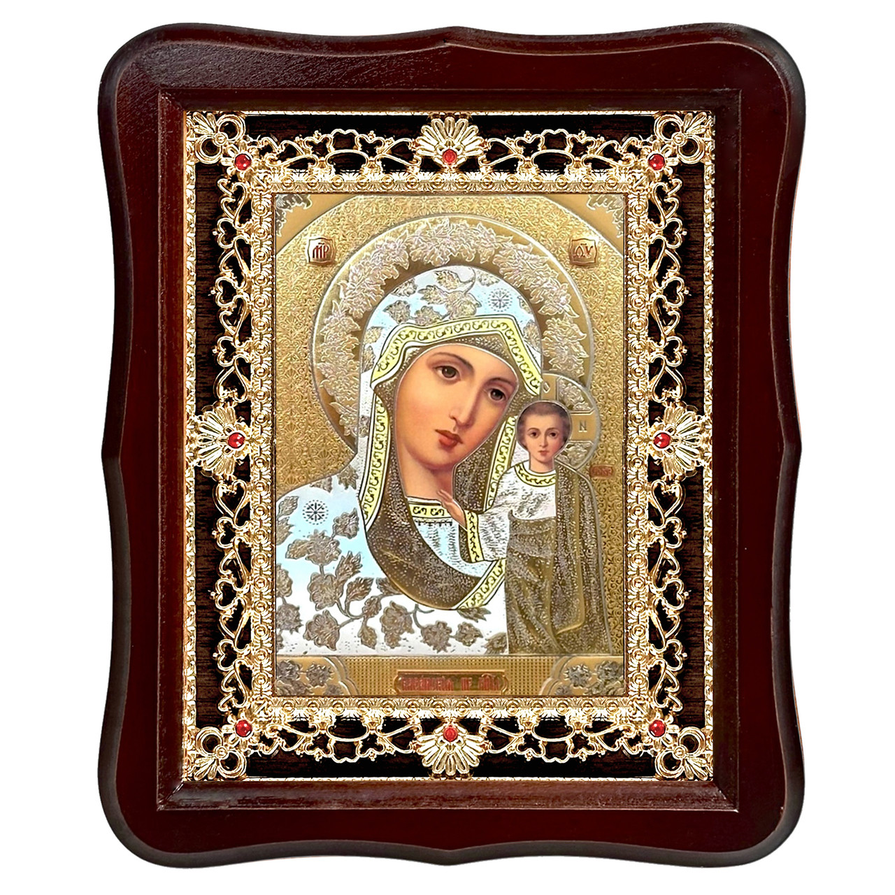Ікона Казанська Пресвята Богородиця, лик 15х18 см, у темному дерев'яному кіоті з камінням, фото 1