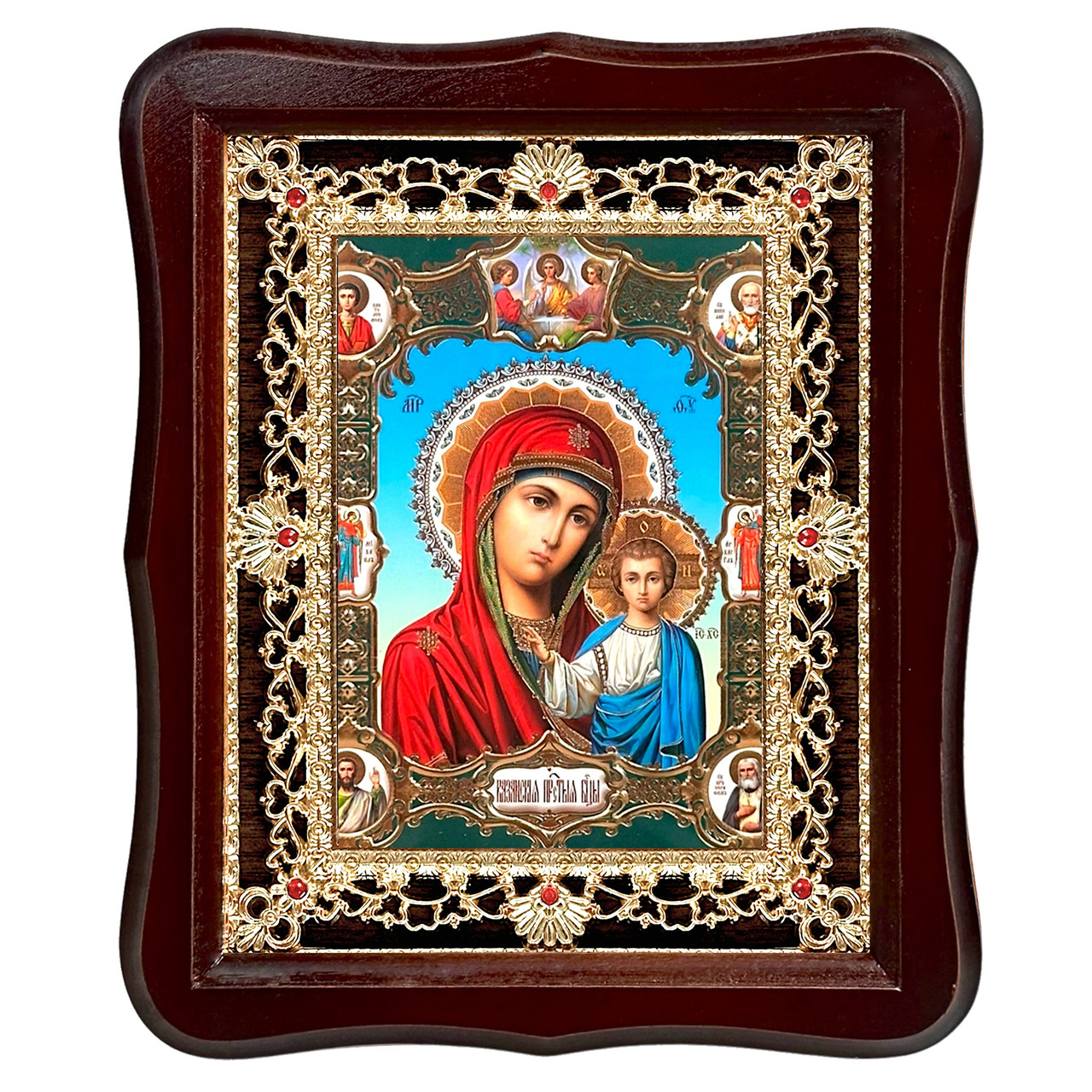 Ікона Казанська Пресвята Богородиця, лик 15х18 см, у темному дерев'яному кіоті з камінням, фото 1