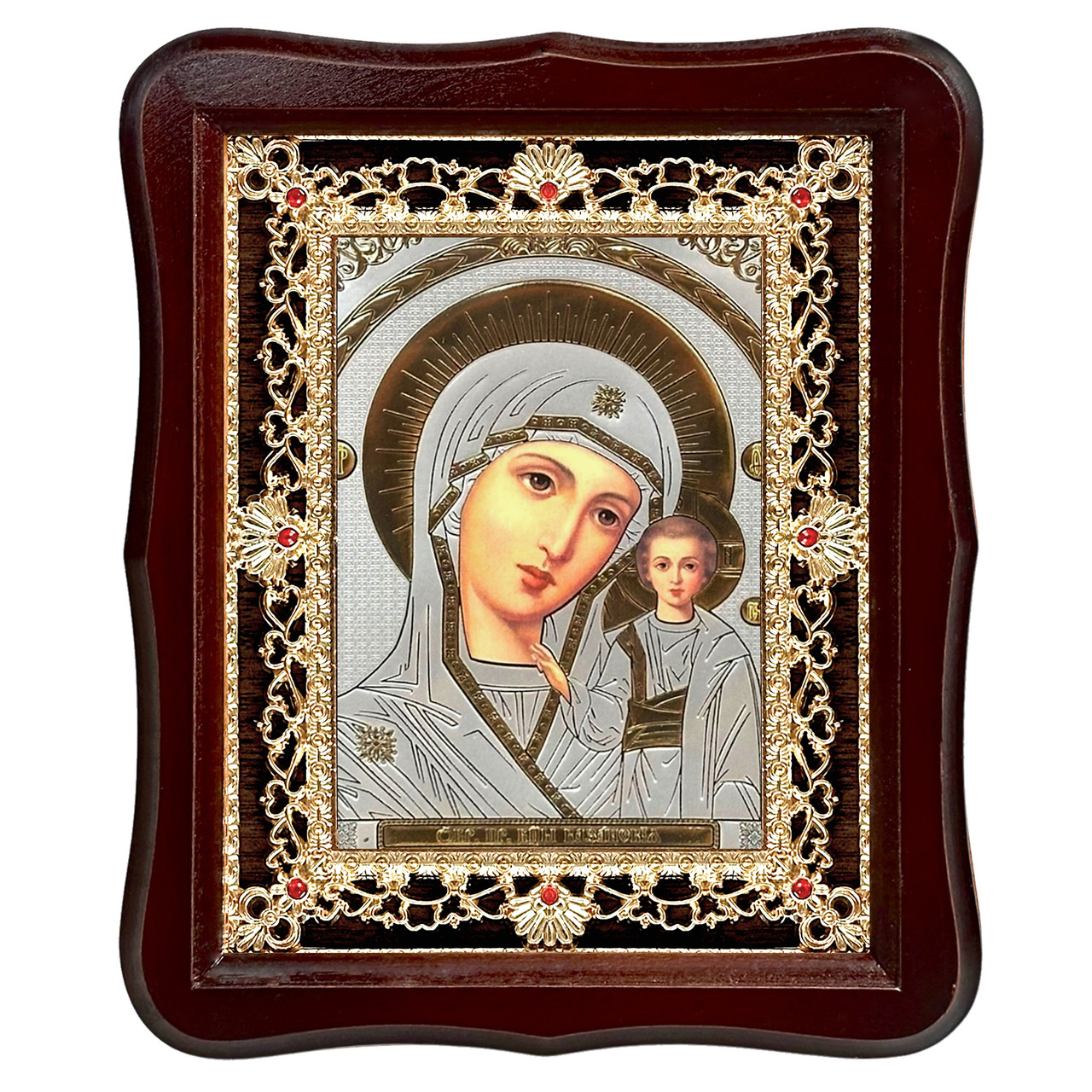 Ікона Казанська Пресвята Богородиця, лик 15х18 см, у темному дерев'яному кіоті з камінням, фото 1