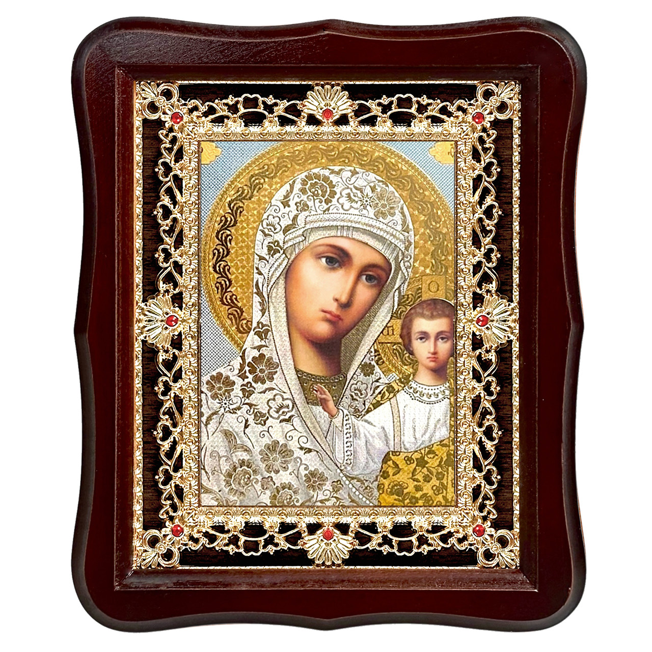 Ікона Казанська Пресвята Богородиця, лик 15х18 см, у темному дерев'яному кіоті з камінням, фото 1