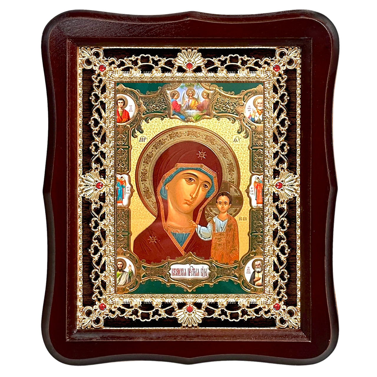 Ікона Казанська Пресвята Богородиця, лик 15х18 см, у темному дерев'яному кіоті з камінням, фото 1