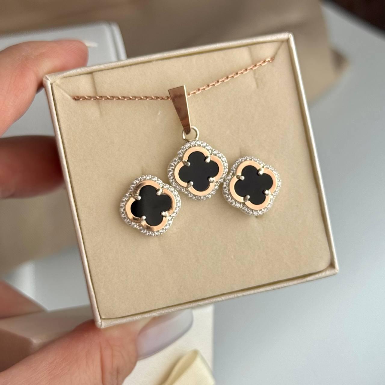 Срібний комплект з золотими пластинами Сережки Кулон Ланцюжок Конюшина Неповторна