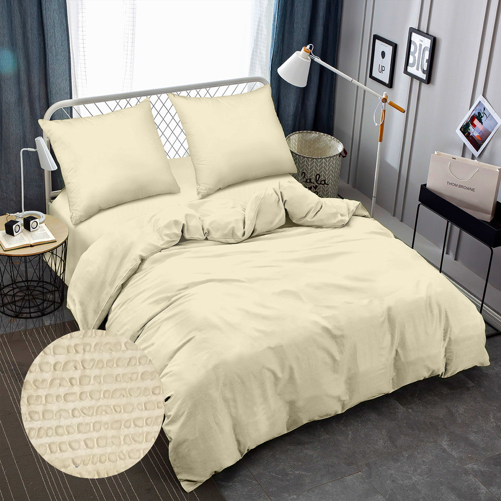 Євро комплект постільної білизни 200х220 жатка (4361-3) однотонний ванільний, фото 1