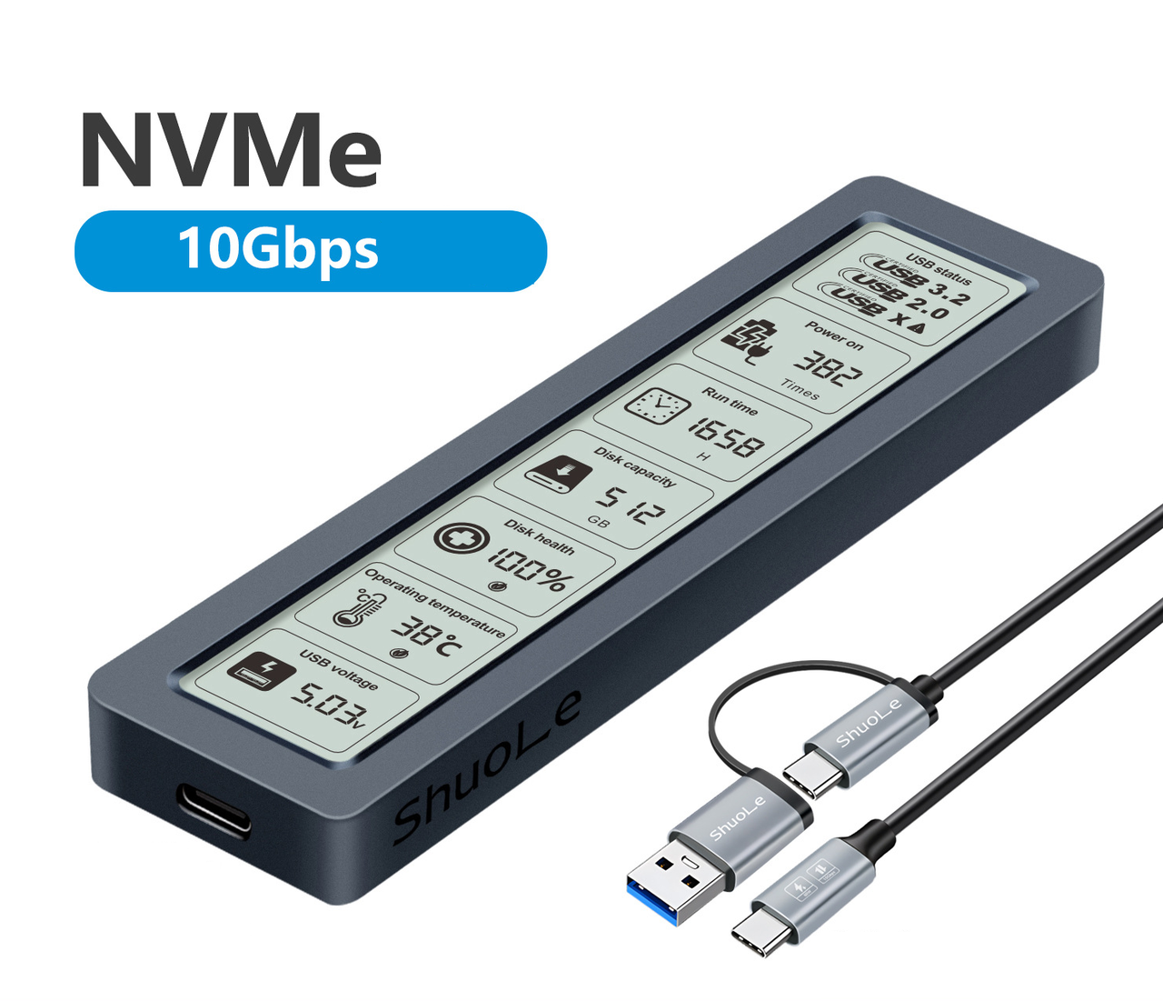 Зовнішня кишеня Shuole TP26P-10G для NVMe (PCIe) M2 SSD USB 3.2 Type-C з дисплеєм, фото 1