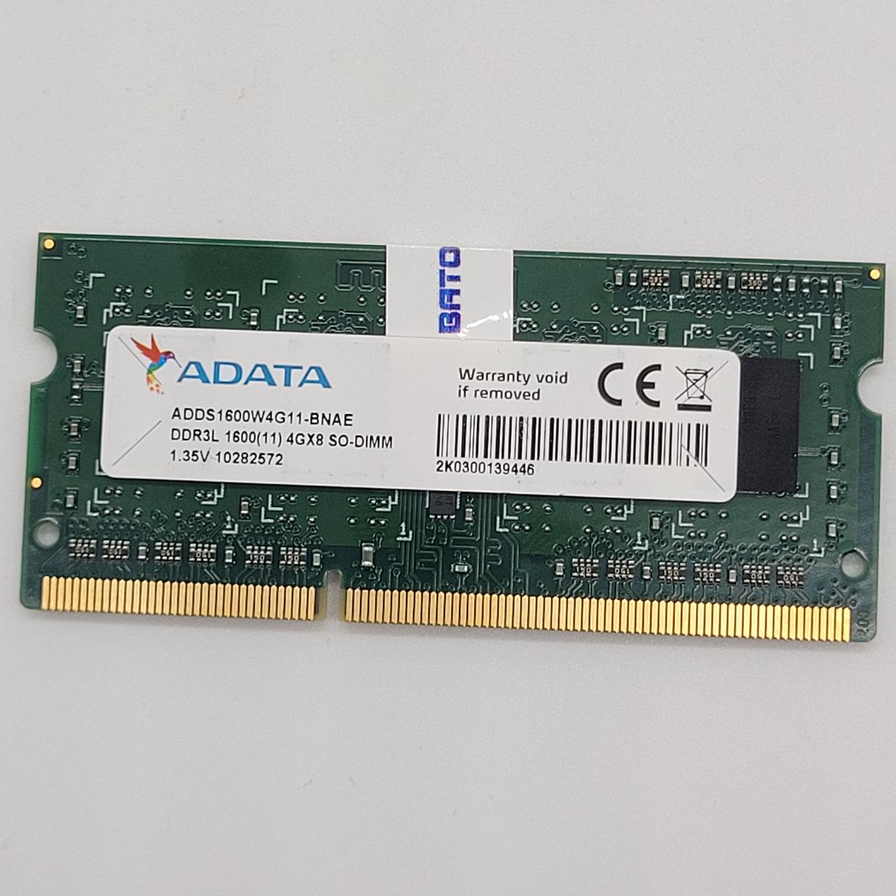 Оперативна пам'ять для ноутбука Adata SODIMM DDR3L 4Gb 1600MHz 12800S 1Rx8 CL11 1.35 V (ADDS1600W4G11-BNAE) Б/В