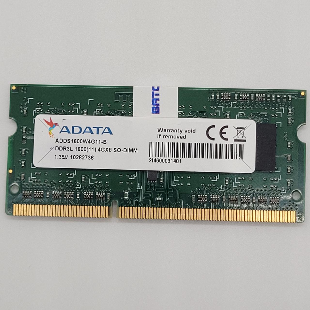 Оперативна пам'ять для ноутбука Adata SODIMM DDR3L 4Gb 1600MHz 12800S 1Rx8 CL11 1.35 V (ADDS1600W4G11-B) Б/В