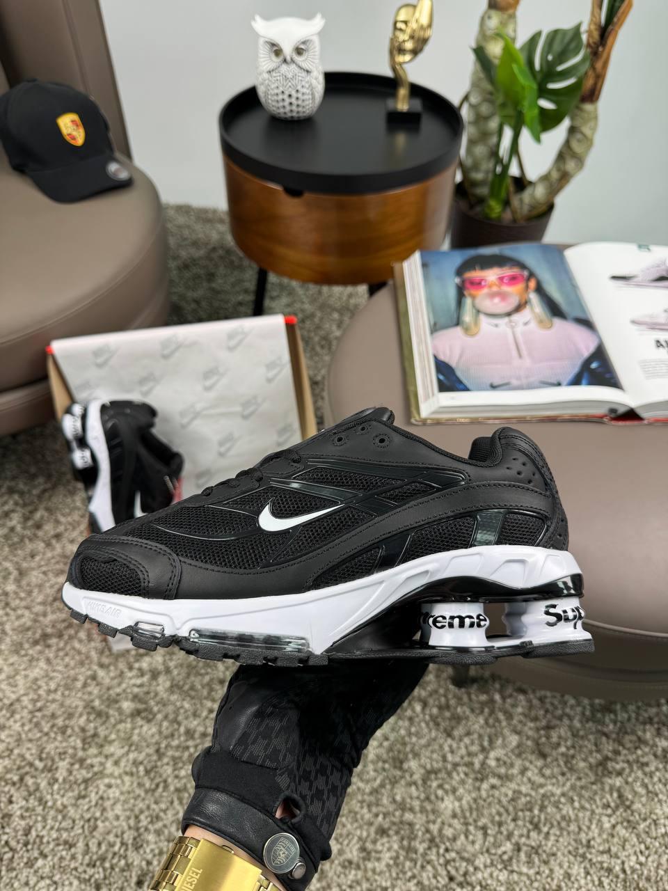 Чоловічі шкіряні текстиль кросівки Nike x Supreme Shox Ride 2 SP Black, кеди Найк шкіра текстиль. Чоловіче взуття