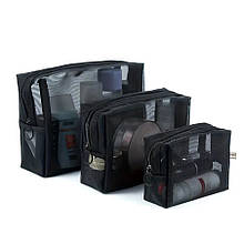 Набір косметичок прямокутні (прозора чорна нейлонова сітка) 3 розміри