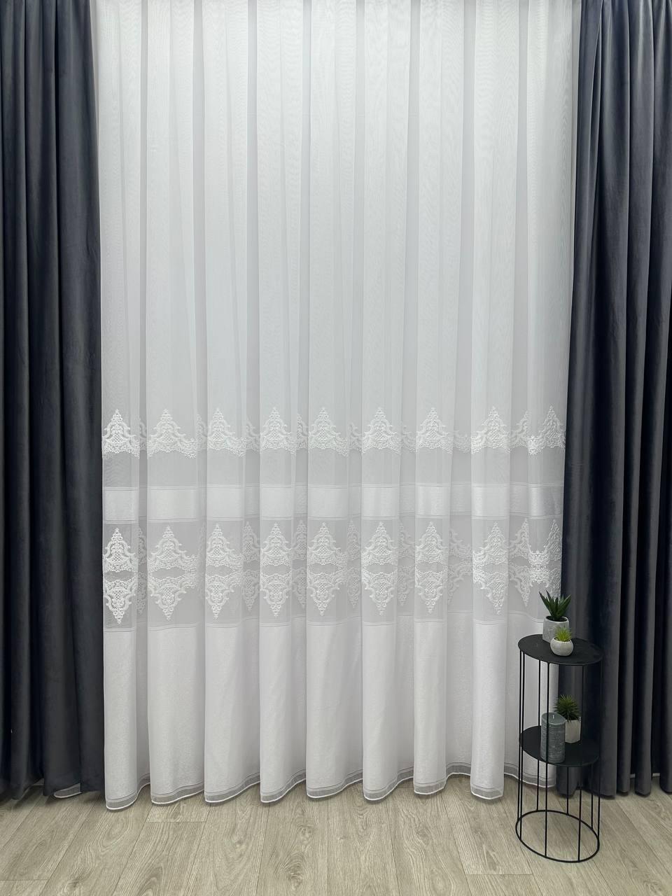 Тюль на бамбуковій основі з шеніловою вишивкою. Колір: білий, фото 1